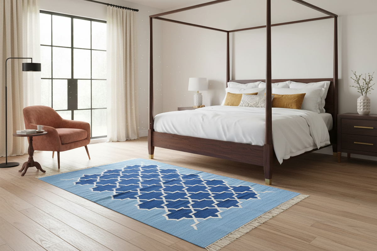 Alfombra de algodón tejida a mano con azulejos marroquíes azules y flecos