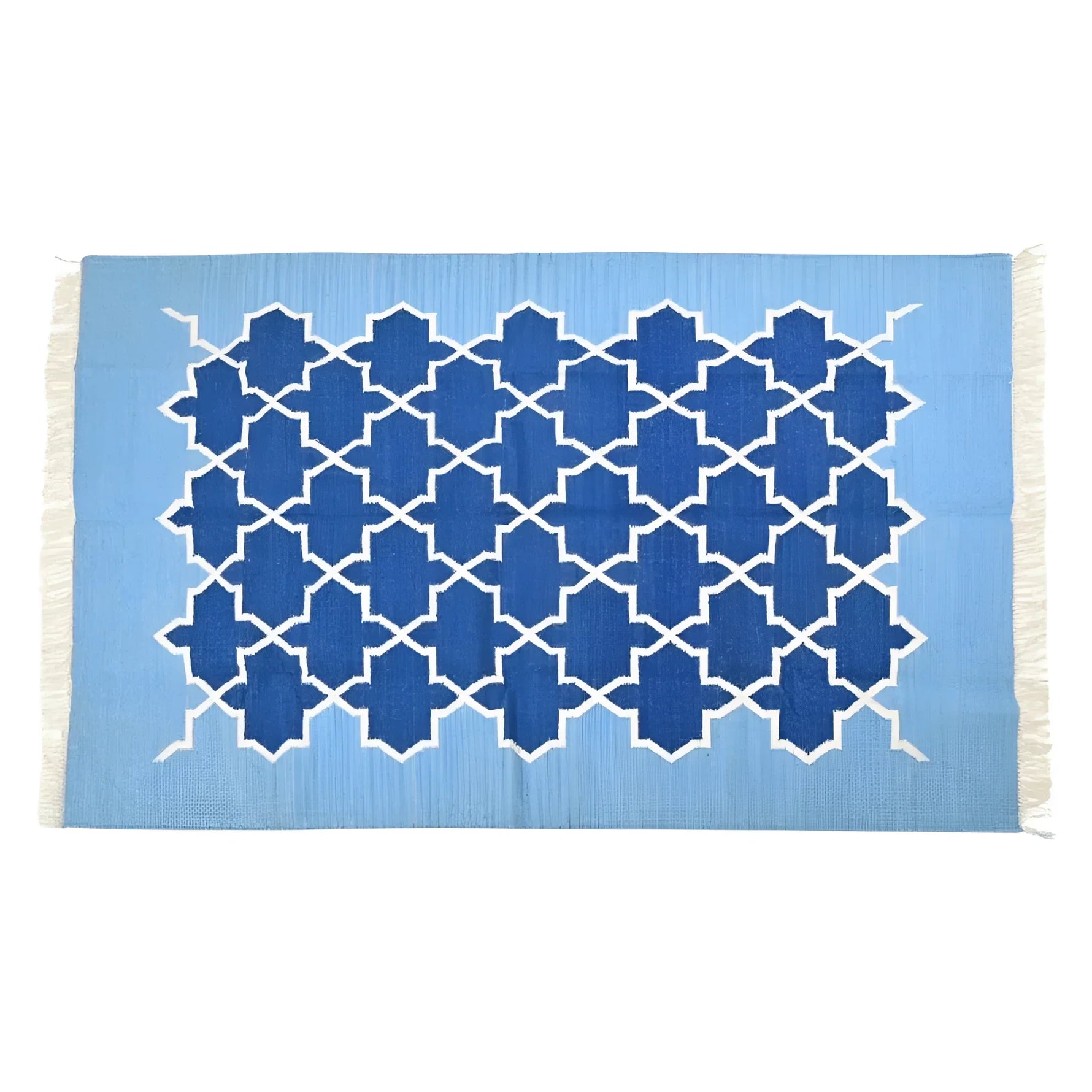 Handwoven Moroccan Blue Tiles Cotton Rug with Fringes