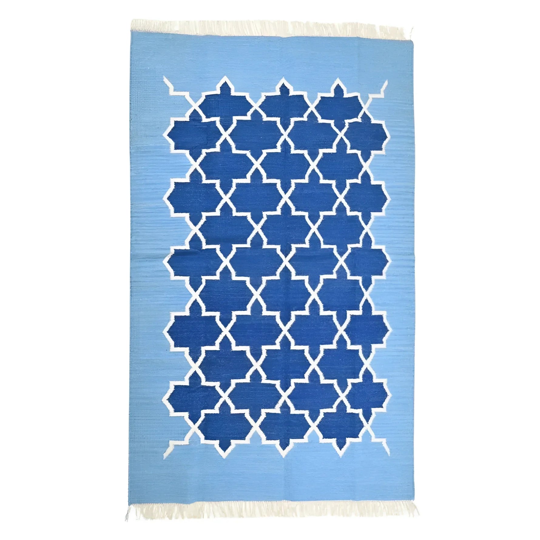 Handwoven Moroccan Blue Tiles Cotton Rug with Fringes