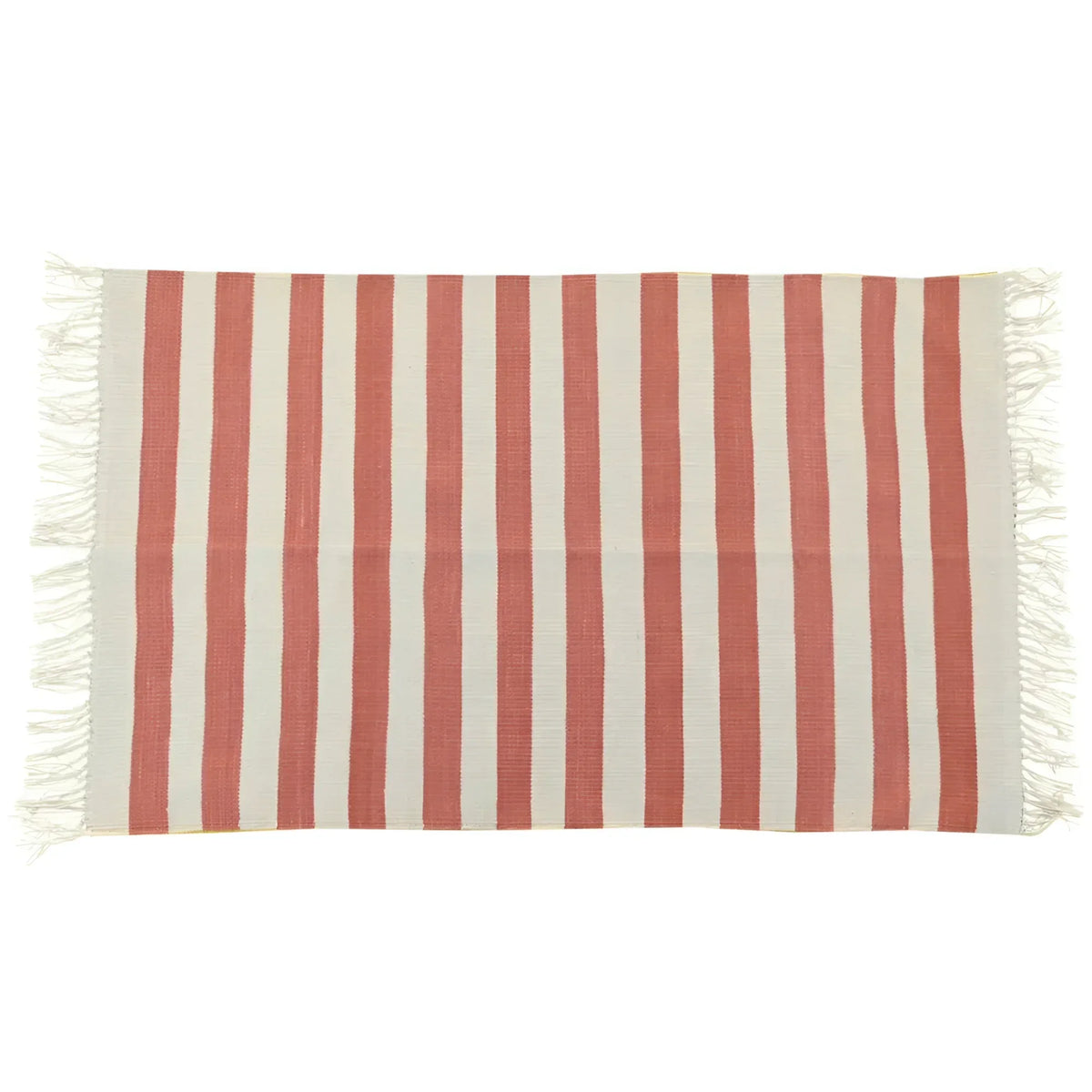 Handwoven Orange and White Stripe Cotton Rug with Fringes