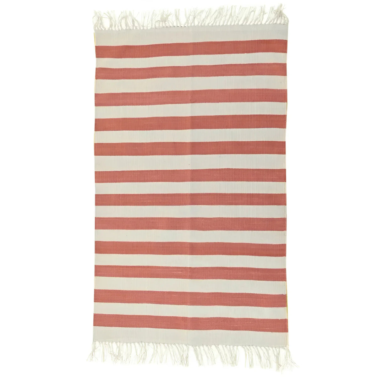Handwoven Orange and White Stripe Cotton Rug with Fringes