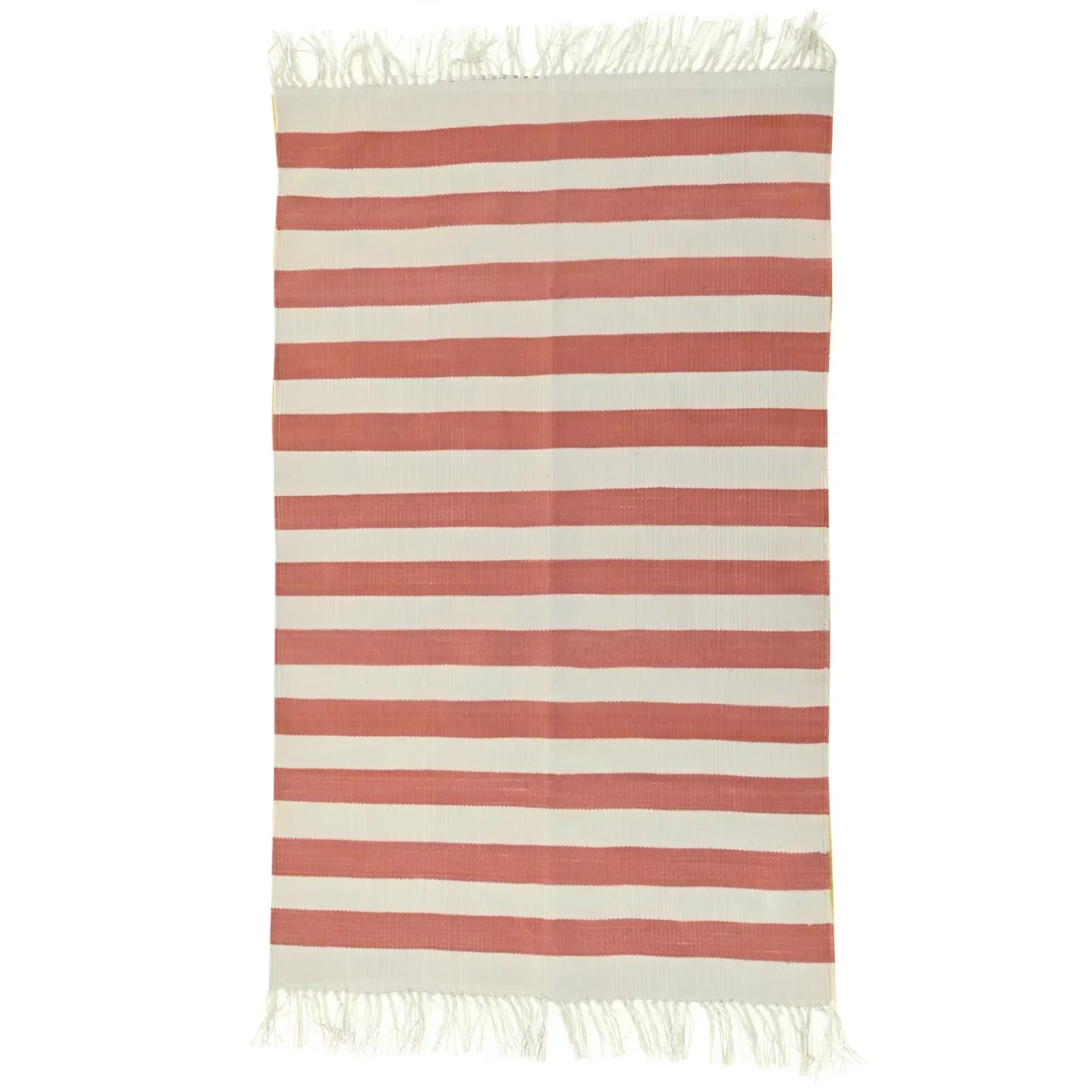 Handwoven Orange and White Stripe Cotton Rug with Fringes