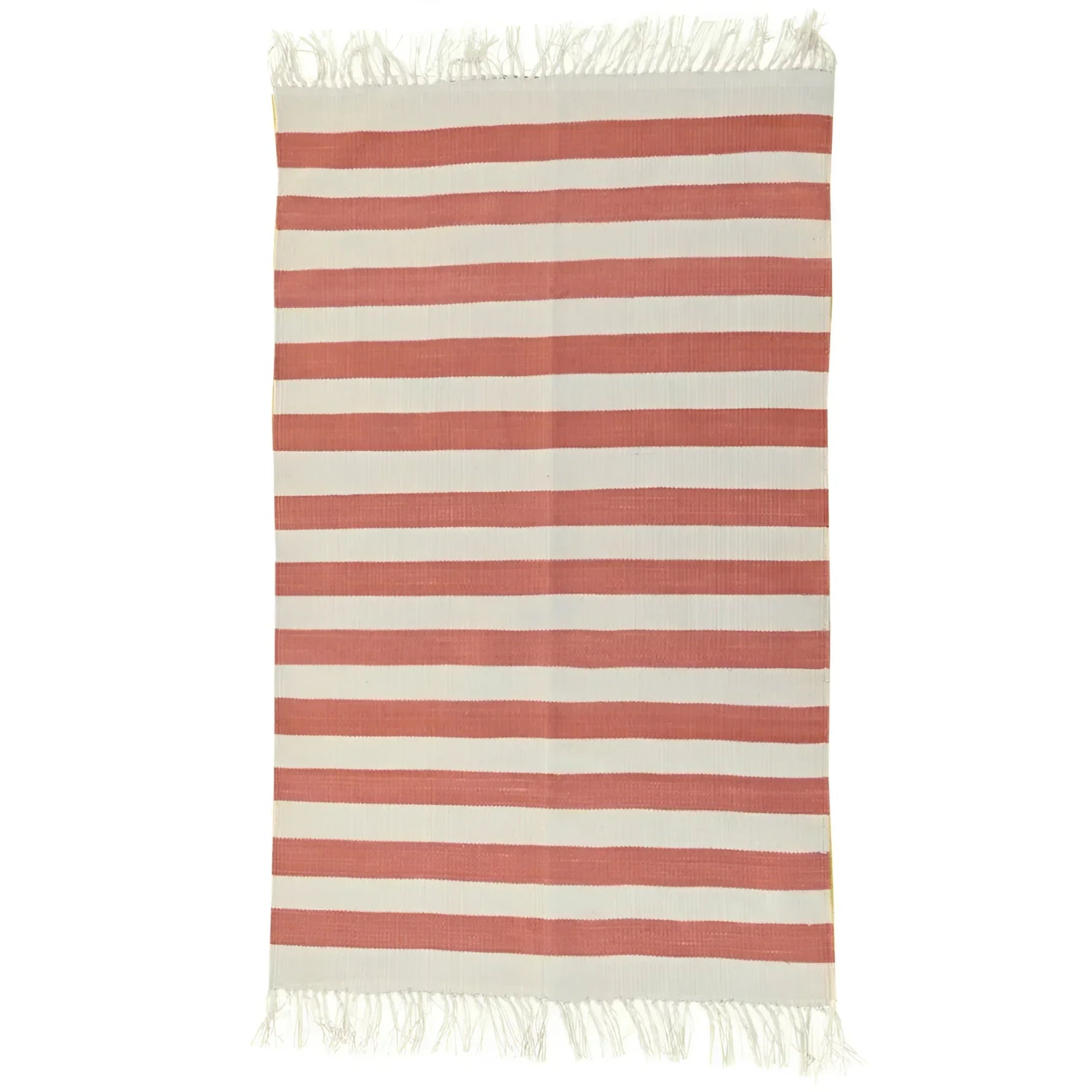 Handwoven Orange and White Stripe Cotton Rug with Fringes