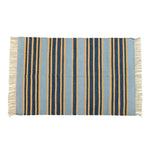 Handwoven pastel tumeric stripe cotton rug with fringes, perfect for a boho living room. This large area rug features a mix of soft blue and warm tumeric stripes, creating an inviting bohemian vibe. Ideal for those seeking large area rugs for the living room, crafted from quality cotton.