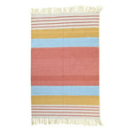 Handwoven peach and blue ombre cotton area rug with fringes, perfect for adding a boho touch to your living room or bedroom. This stylish rug features alternating stripes of peach, blue, and yellow, making it an ideal choice for those seeking colorful and unique cotton rugs for their home decor.