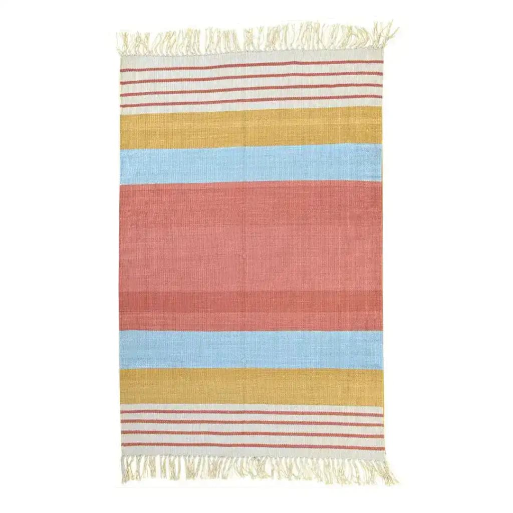 Handwoven peach and blue ombre cotton area rug with fringes, perfect for adding a boho touch to your living room or bedroom. This stylish rug features alternating stripes of peach, blue, and yellow, making it an ideal choice for those seeking colorful and unique cotton rugs for their home decor.