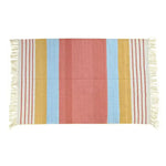 Handwoven peach and blue ombre cotton area rug with fringes, perfect for boho living room or bedroom. This elegant rug adds a cozy touch to any space, ideal for those seeking stylish cotton rugs for their living room.