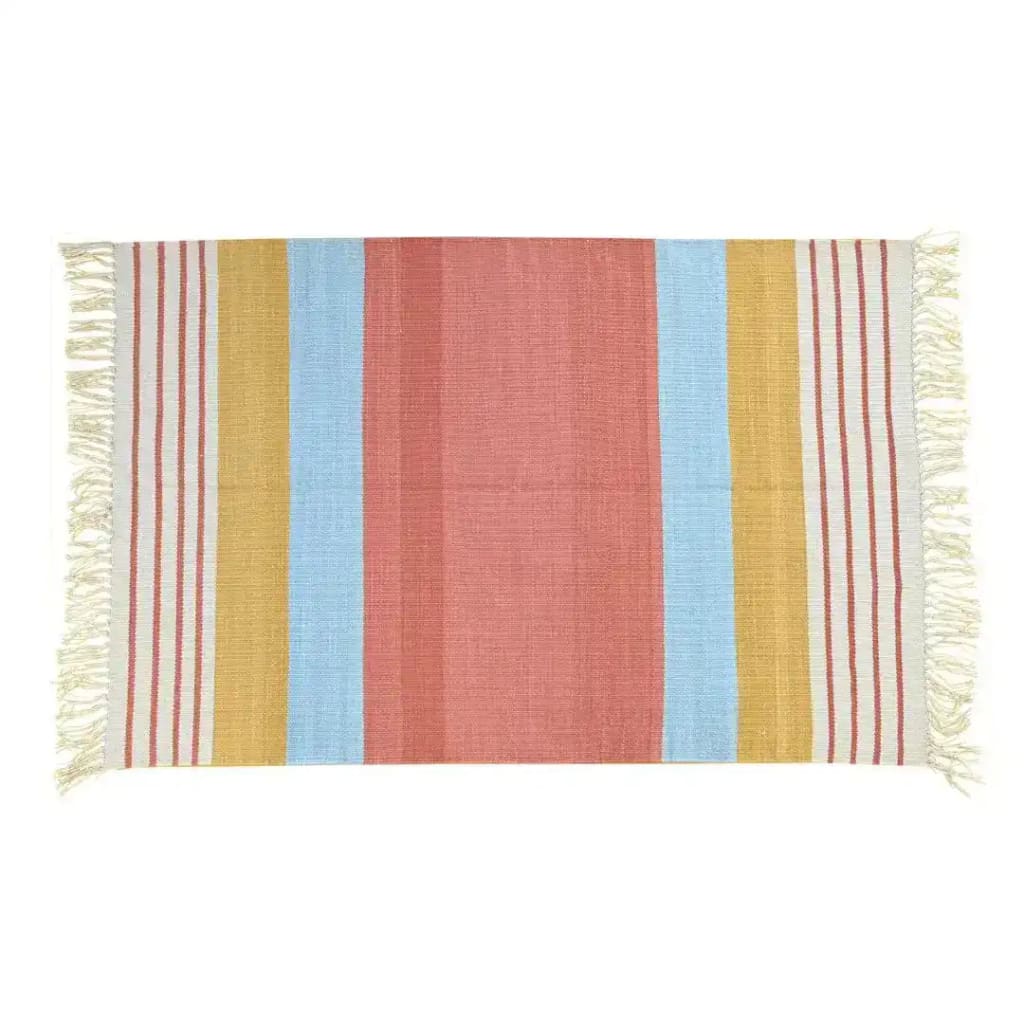 Handwoven peach and blue ombre cotton area rug with fringes, perfect for boho living room or bedroom. This elegant rug adds a cozy touch to any space, ideal for those seeking stylish cotton rugs for their living room.