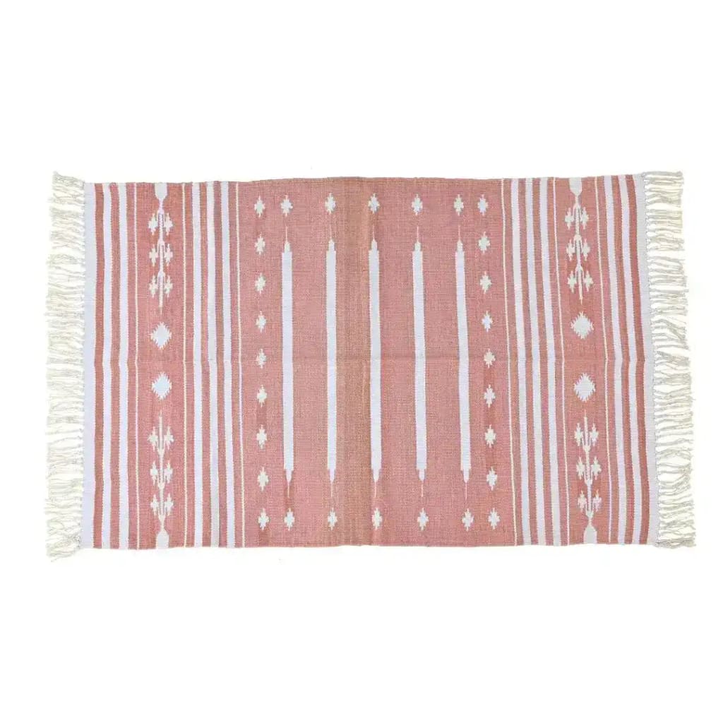 Handwoven peach and white patterned cotton area rug with fringes, perfect for a boho theme in dining rooms or large living rooms. This elegant rug features intricate geometric designs that add a touch of sophistication to any living space.