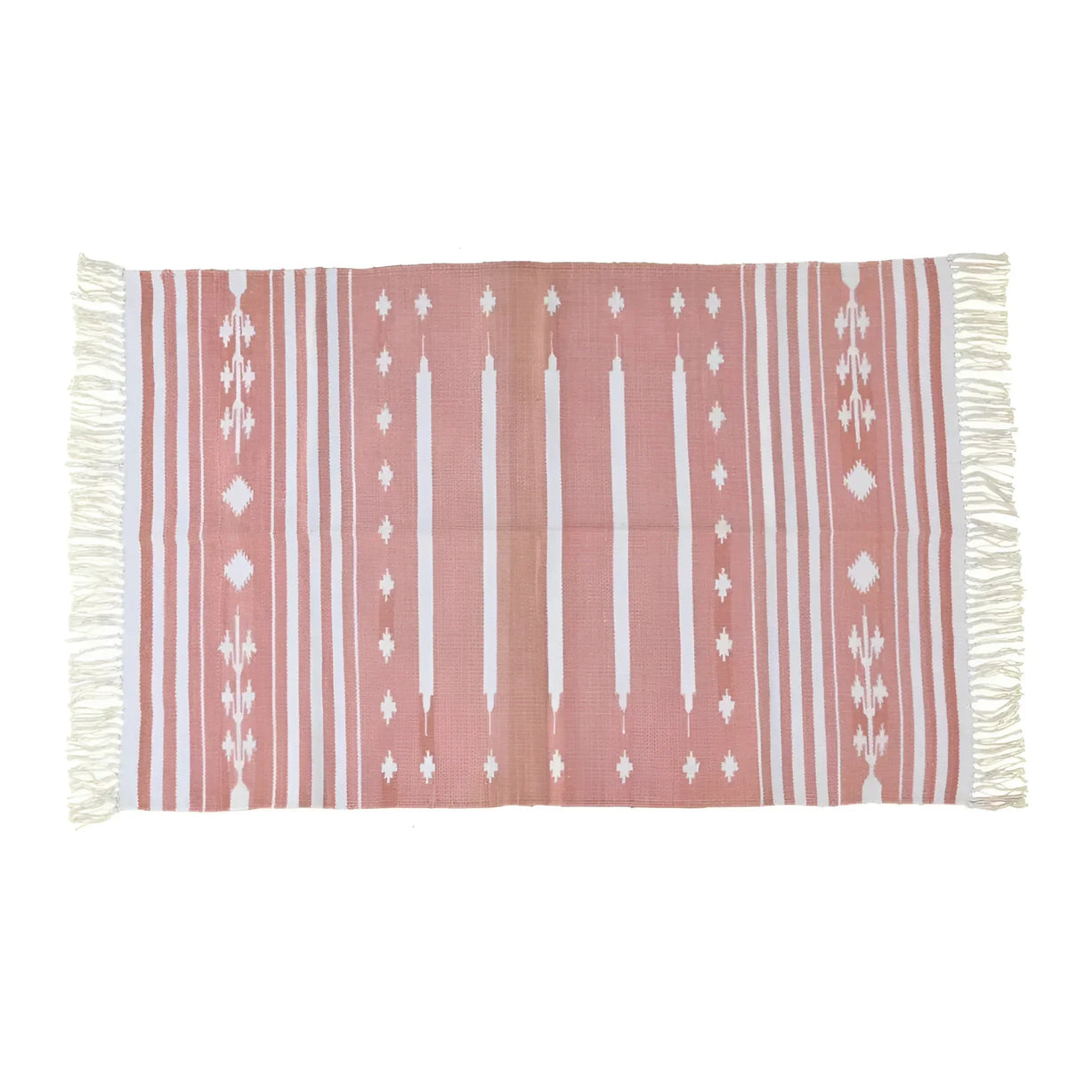 Handwoven Peach and White Patterned Cotton Rug with Fringes