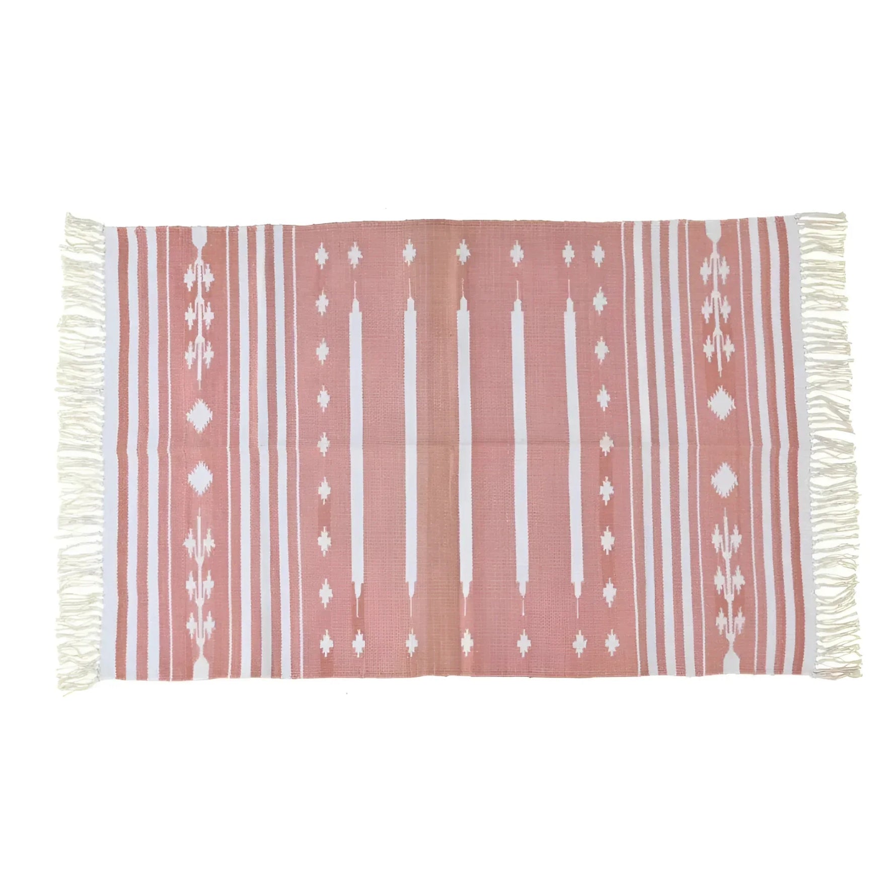 Handwoven Peach and White Patterned Cotton Rug with Fringes