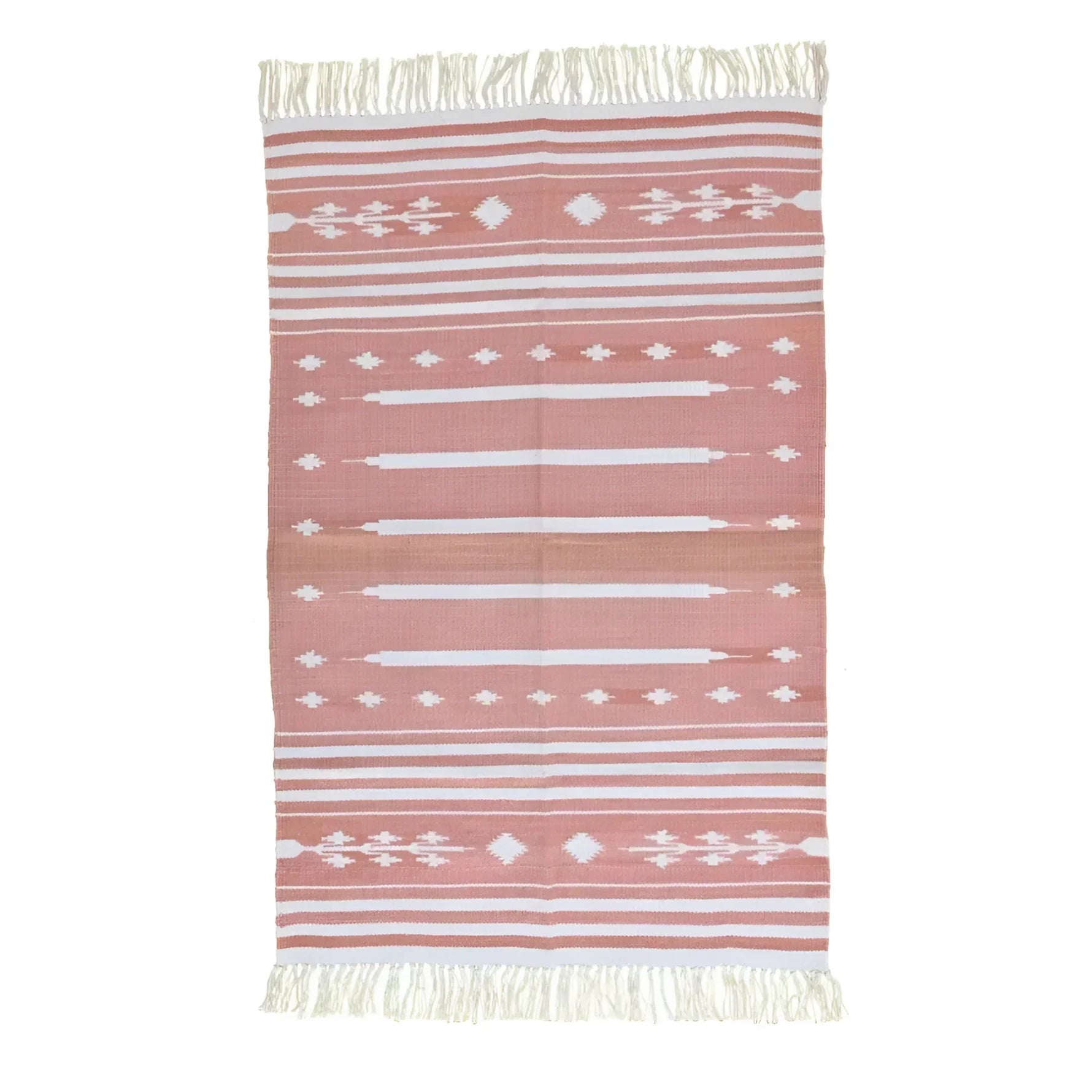 Handwoven Peach and White Patterned Cotton Rug with Fringes
