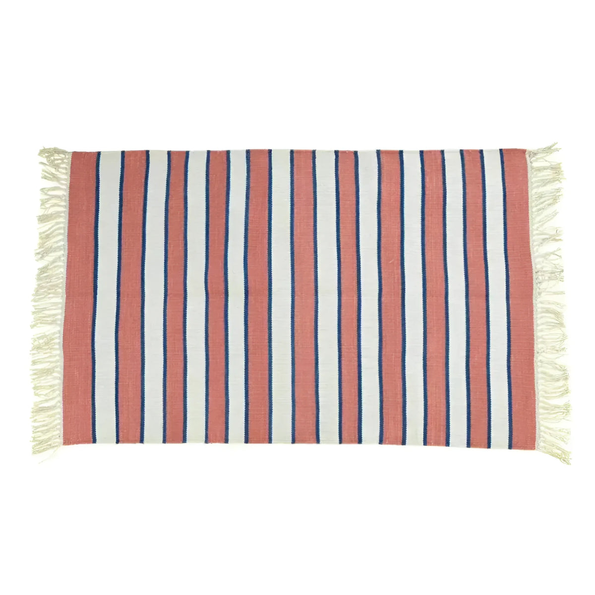 A beautiful handwoven peach and white striped cotton rug with fringes, perfect for adding a boho touch to your living room or dining room. This large area rug features soft cotton material, making it an ideal choice for dining room area rugs.