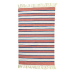 This handwoven peach and white stripe cotton area rug with fringes is perfect for adding a boho touch to your living room or dining room. Its simple yet elegant design makes it an ideal choice for dining room area rugs, providing a cozy and stylish atmosphere. The use of cotton ensures a soft texture, making it a great addition to large area rugs collections.