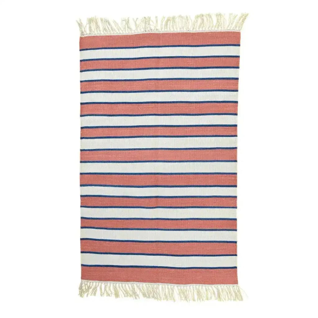 This handwoven peach and white stripe cotton area rug with fringes is perfect for adding a boho touch to your living room or dining room. Its simple yet elegant design makes it an ideal choice for dining room area rugs, providing a cozy and stylish atmosphere. The use of cotton ensures a soft texture, making it a great addition to large area rugs collections.
