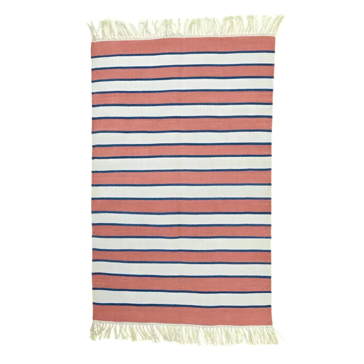 This handwoven peach and white stripe cotton area rug with fringes is perfect for adding a boho touch to your living room or dining room. Its simple yet elegant design makes it an ideal choice for dining room area rugs, providing a cozy and stylish atmosphere. The use of cotton ensures a soft texture, making it a great addition to large area rugs collections.
