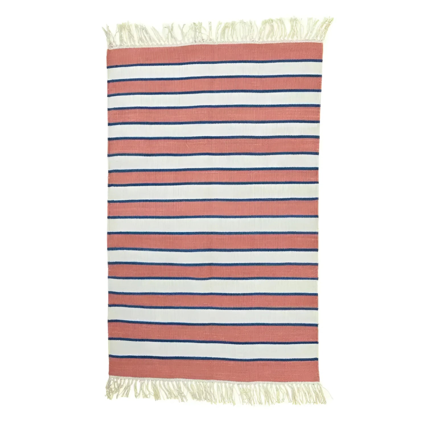 This handwoven peach and white stripe cotton area rug with fringes is perfect for adding a boho touch to your living room or dining room. Its simple yet elegant design makes it an ideal choice for dining room area rugs, providing a cozy and stylish atmosphere. The use of cotton ensures a soft texture, making it a great addition to large area rugs collections.