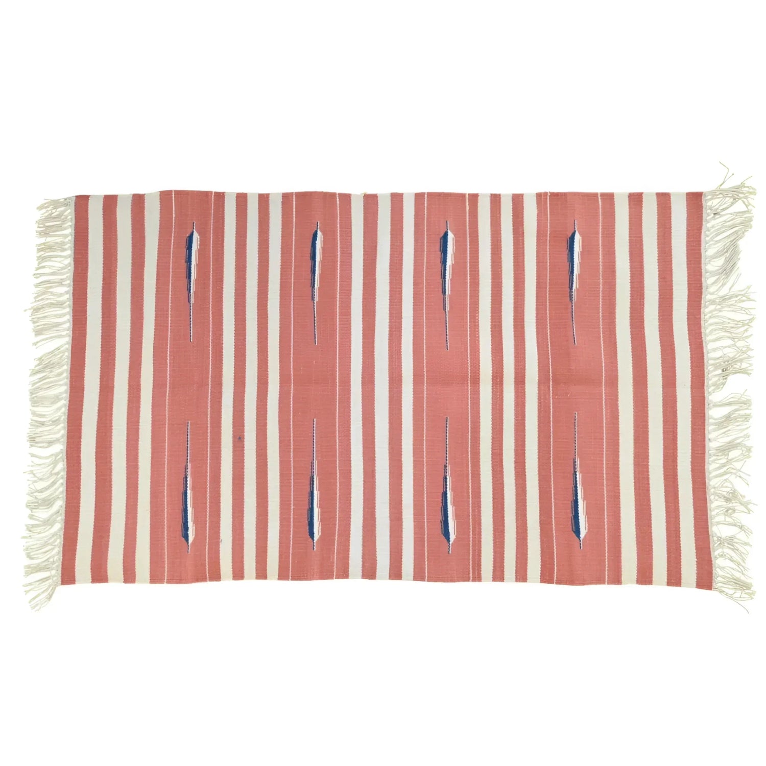 Handwoven Peach and White Tear Drop Cotton Rug with Fringes