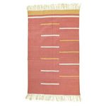 A handwoven peach and yellow minimalistic cotton area rug with fringes, featuring simple horizontal stripes. Ideal for adding a touch of boho style to large living rooms. Perfect as a living room rug in an 8x10 size.