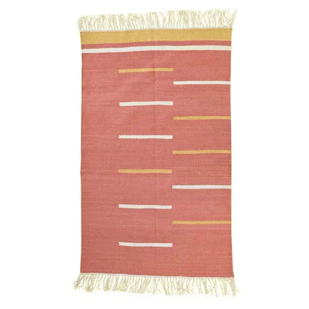 A handwoven peach and yellow minimalistic cotton area rug with fringes, featuring simple horizontal stripes. Ideal for adding a touch of boho style to large living rooms. Perfect as a living room rug in an 8x10 size.