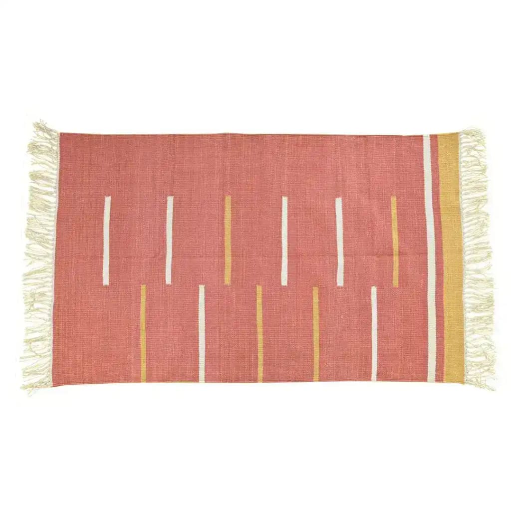 Handwoven peach and yellow minimalistic cotton rug with fringes, perfect for a boho-inspired living room. This large area rug, ideal for an 8x10 space, features a simple design with vertical stripes, adding a touch of elegance to any living area.