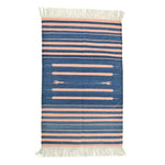 Handwoven Peachy Azure Serenity Fringe Haven Cotton Rug, showcasing a vibrant blend of peach and azure stripes with intricate fringe detailing. This large area rug is perfect for adding a boho touch to your living room. Ideal for those seeking a stylish 8x10 cotton rug that brings elegance and warmth to any large living space.