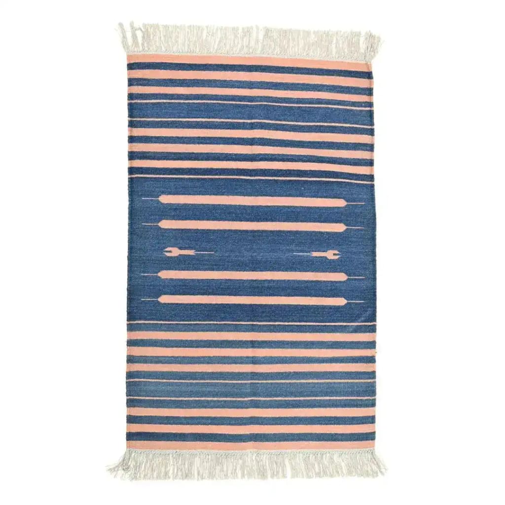 Handwoven Peachy Azure Serenity Fringe Haven Cotton Rug, showcasing a vibrant blend of peach and azure stripes with intricate fringe detailing. This large area rug is perfect for adding a boho touch to your living room. Ideal for those seeking a stylish 8x10 cotton rug that brings elegance and warmth to any large living space.