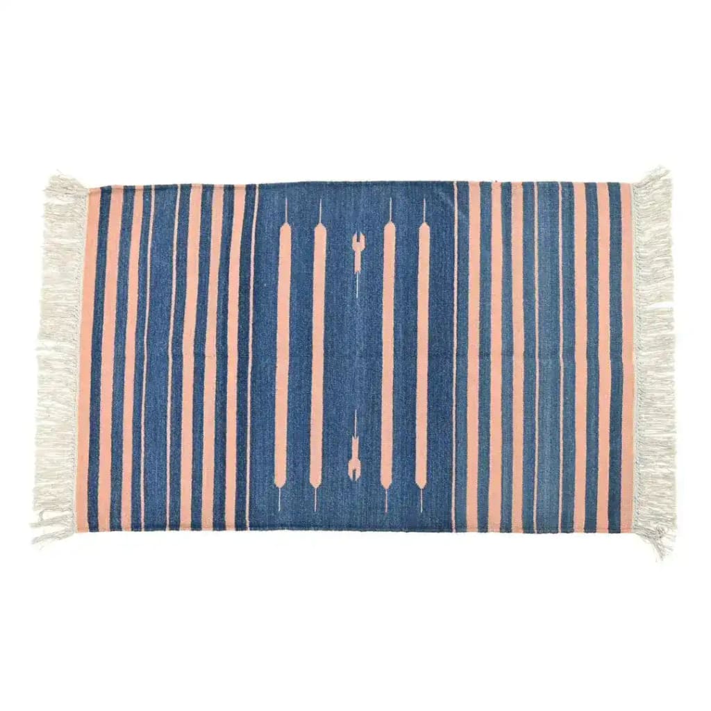 A beautifully handwoven area rug in a serene blend of peach and azure tones, featuring intricate fringe detailing. This cotton rug offers a boho charm perfect for large living room spaces, ideally sized at 8x10. A stunning addition to any living room, providing both style and comfort.