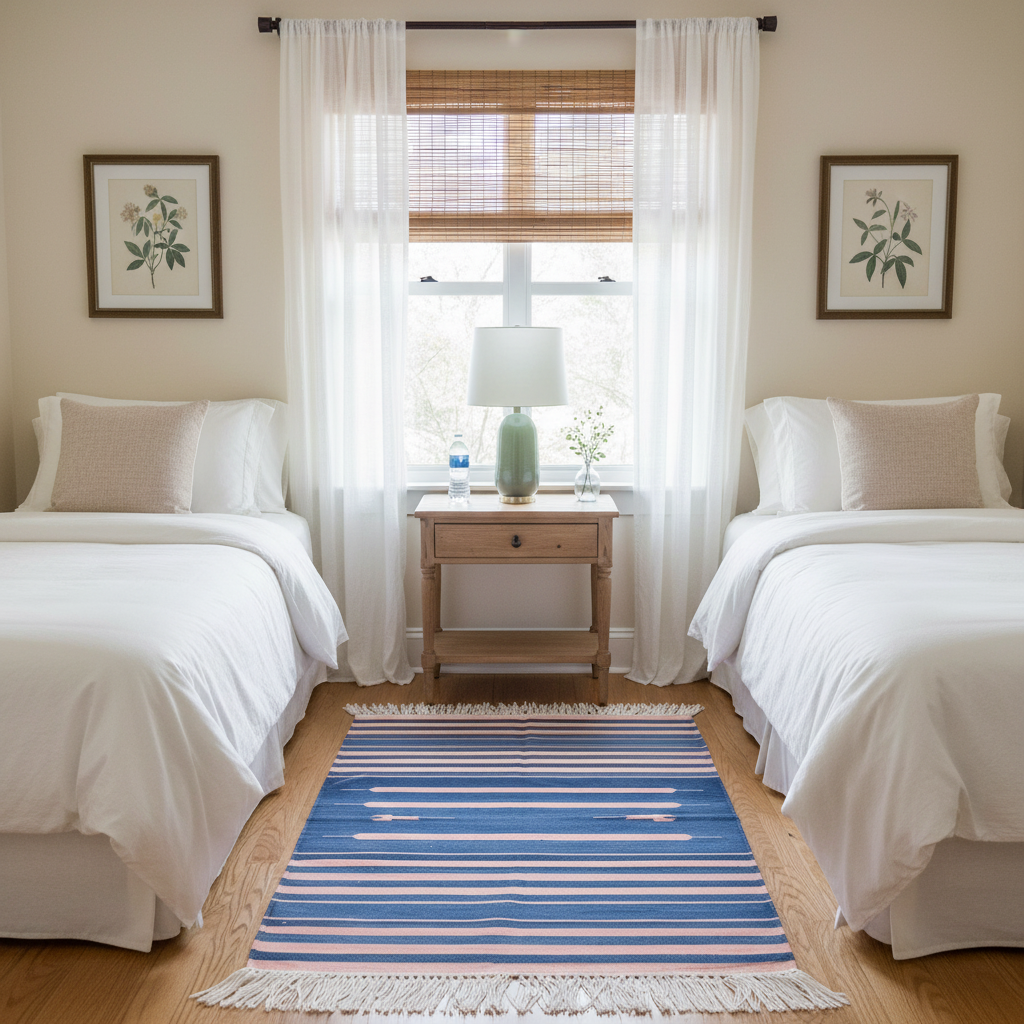 A styled bedroom scene with two single beds dressed in white linens, a wooden nightstand with a green lamp, sheer white curtains, and a blue-and-white striped rug on a wood floor. Two framed botanical prints hang on the walls.