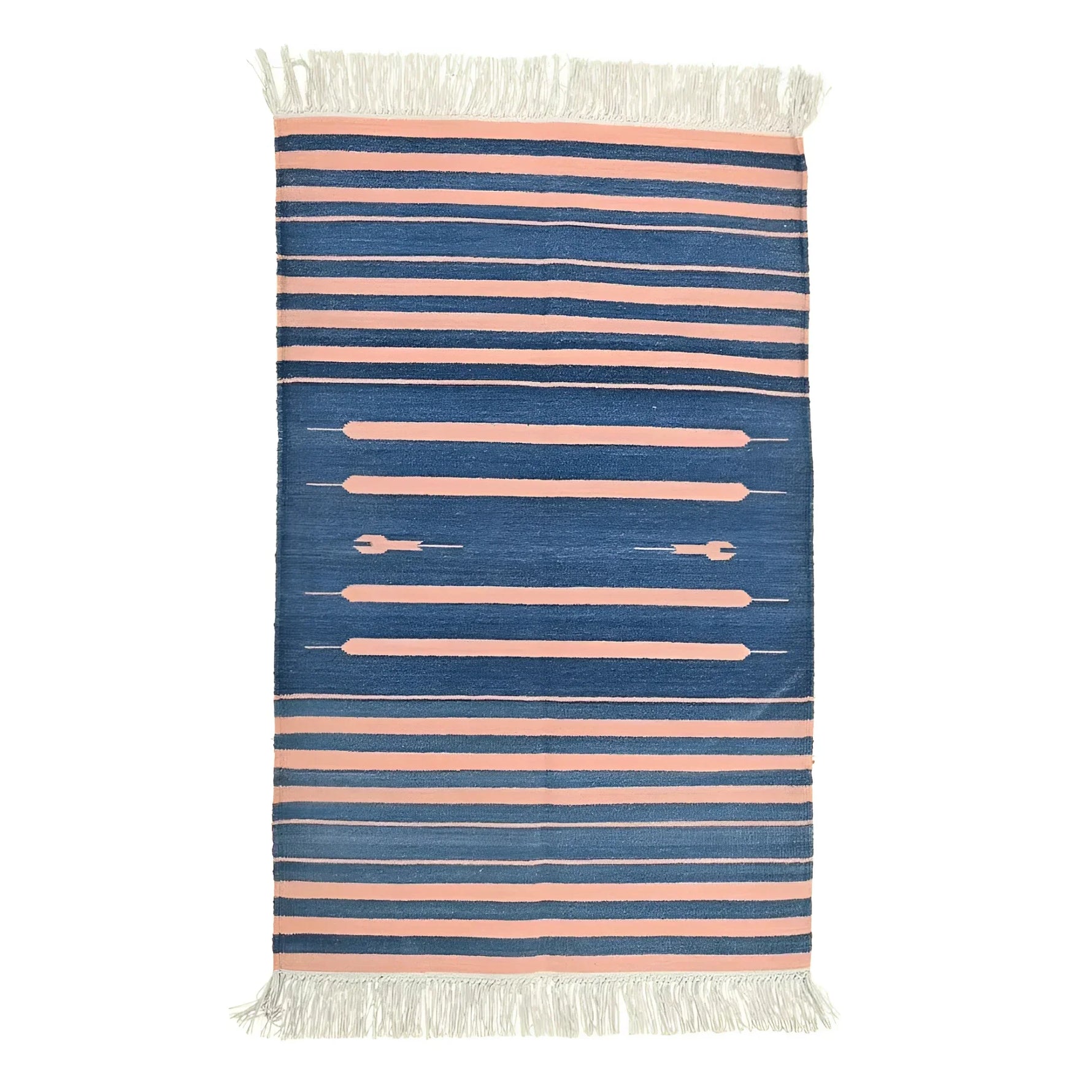 Handwoven Peachy Azure Serenity Fringe Haven Cotton Rug