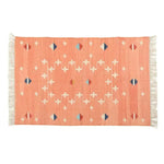 Handwoven Peachy Patterned Cotton Area Rug with Fringes, perfect for dining rooms. This boho rug features an intricate design with soft peach tones and colorful geometric patterns, making it a stylish choice for dining room area rugs or dining room carpets.