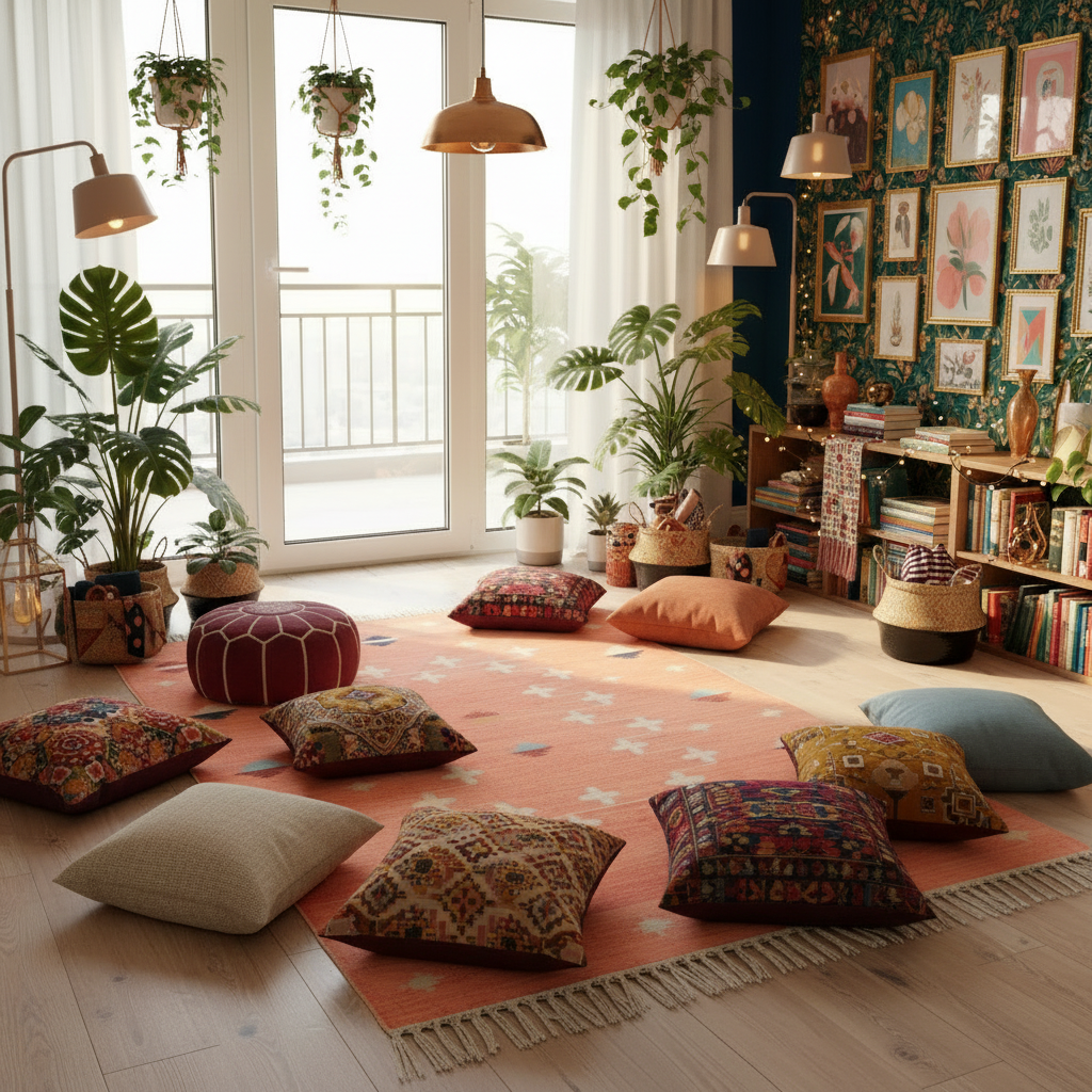 Handwoven Peachy Patterned Cotton Rug with Fringes