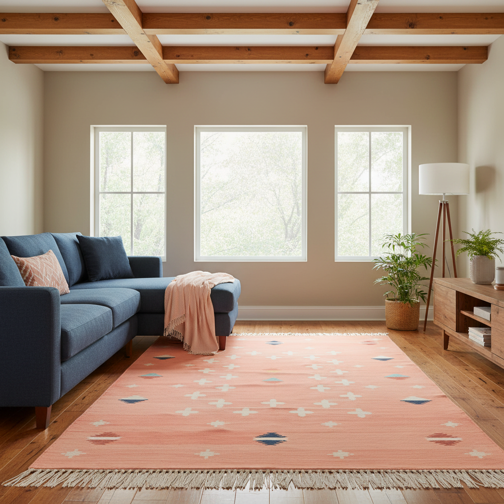 Handwoven Peachy Patterned Cotton Rug with Fringes