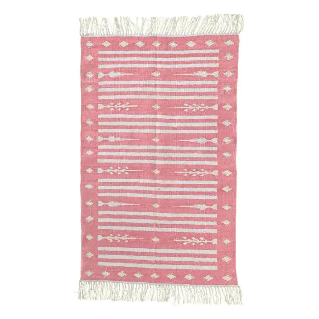 Handwoven pink and white traditional cotton area rug with fringes, ideal for dining room settings. This boho rug features intricate patterns and is perfect as a dining room carpet, adding a touch of elegance to any space.