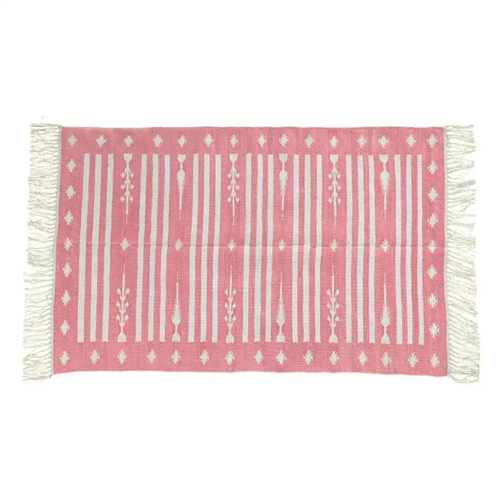 Handwoven pink and white traditional cotton area rug with fringes, perfect for adding a boho touch to your dining room decor. This dining room area rug features intricate patterns and soft textures, ideal for those seeking stylish and comfortable cotton rugs or dining room carpets.