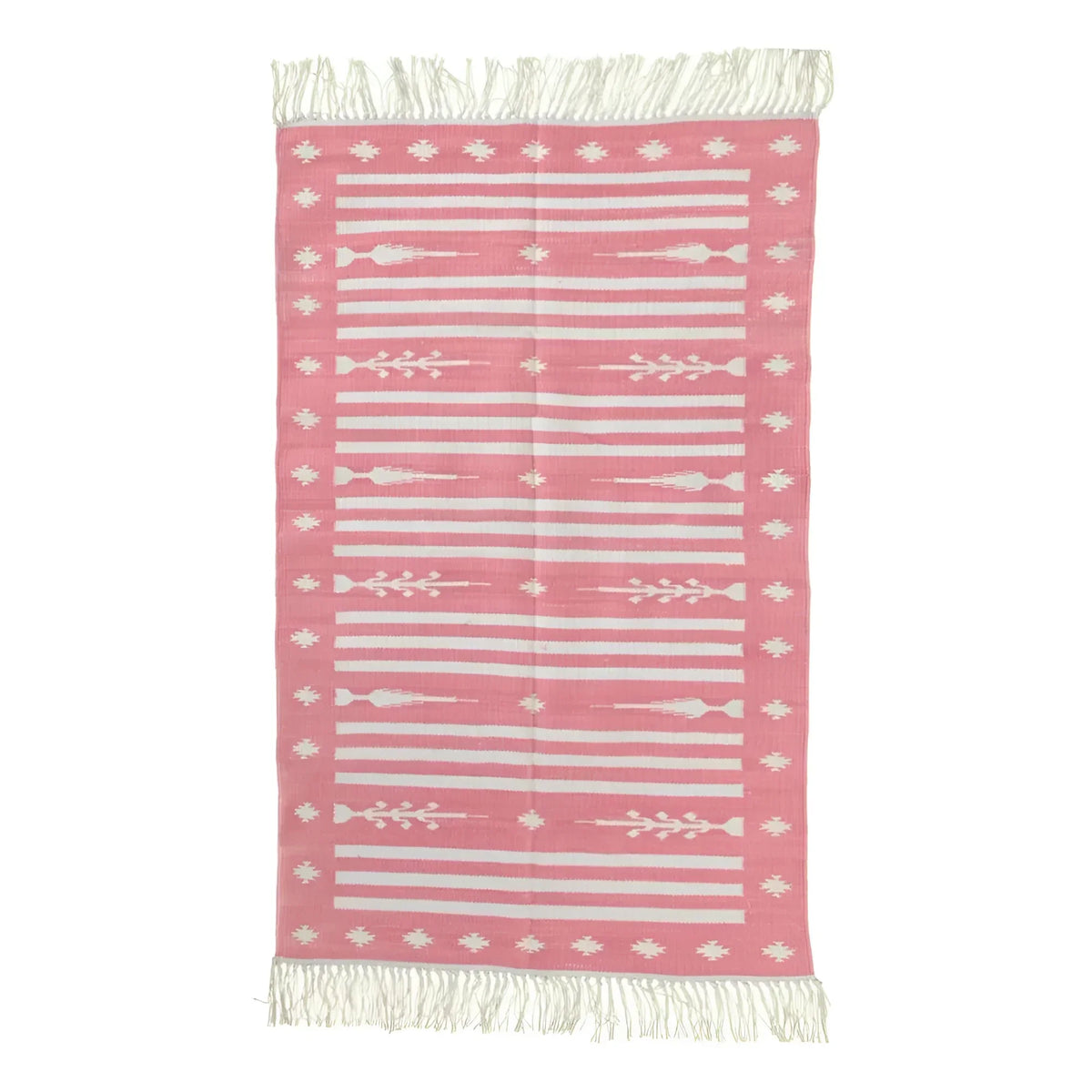 Handwoven Pink and White Traditional Cotton Rug with Fringes