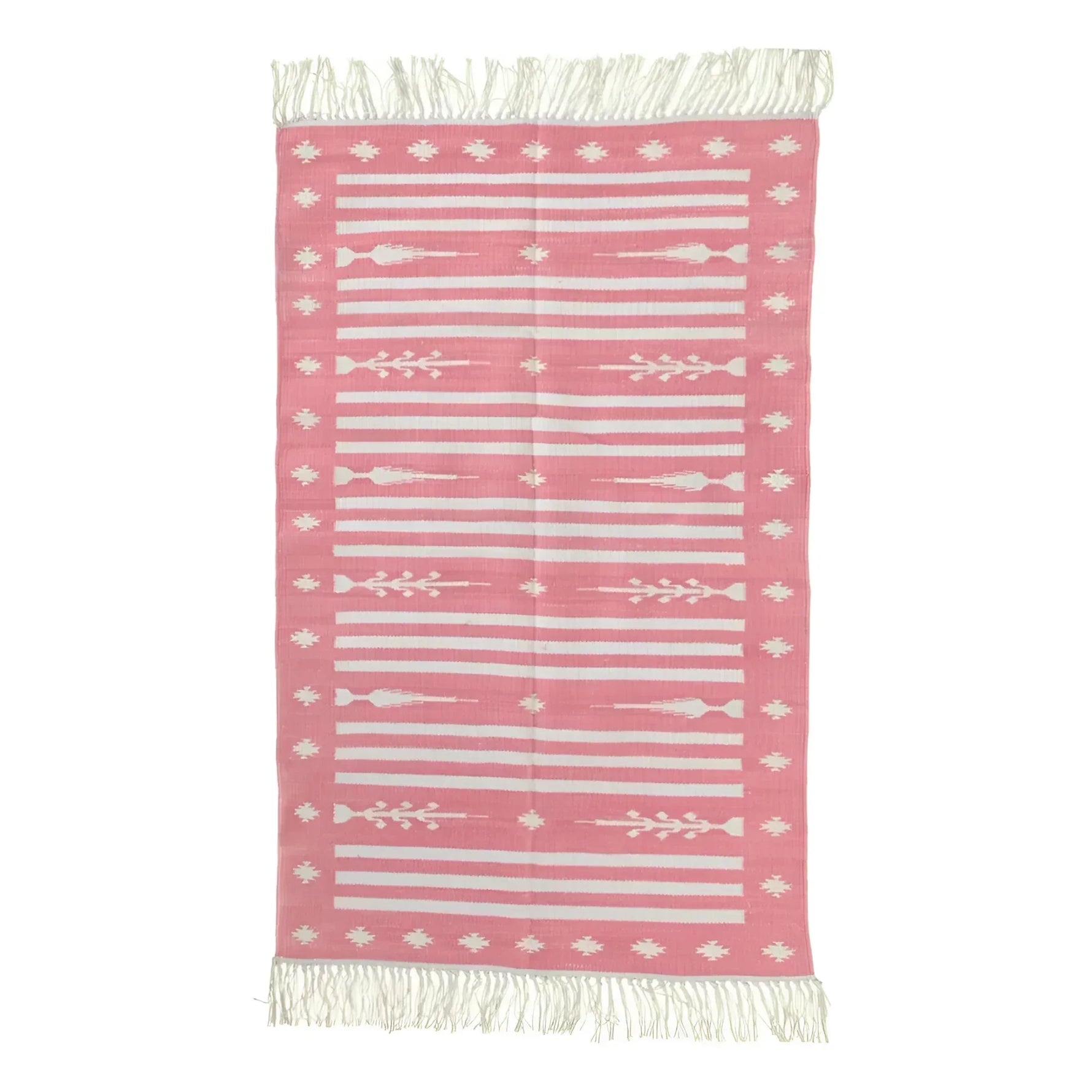 Handwoven Pink and White Traditional Cotton Rug with Fringes