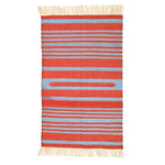 Handwoven red and blue stripe cotton area rug with fringes, ideal for adding a boho touch to your office or living room. This large living room rug features vibrant stripes and soft fringed edges, perfect for creating a cozy atmosphere.