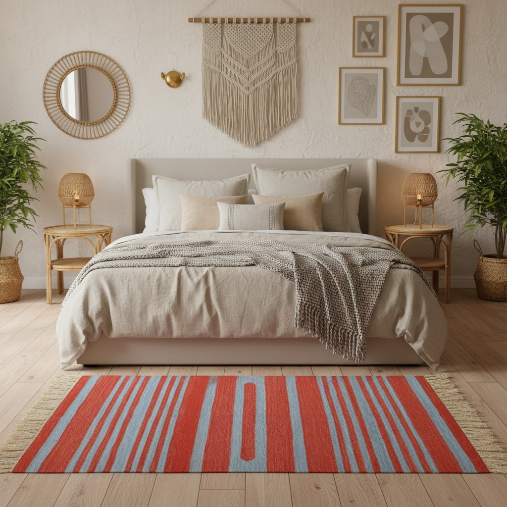 Handwoven Red and Blue Stripe Cotton Rug with Fringes