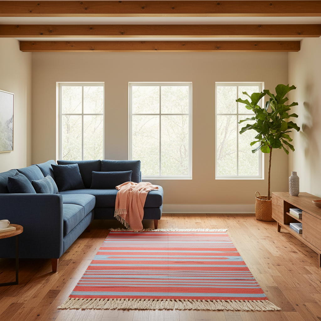 Handwoven Red and Blue Stripe Cotton Rug with Fringes