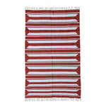 A handwoven red and white accent stripe cotton area rug with fringes, perfect for adding a boho touch to living rooms and dining rooms. This large area rug features bold horizontal stripes, making it an ideal dining table rug for a cozy, stylish atmosphere.