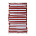 A handwoven red and white accent stripe cotton area rug with fringes, perfect for adding a boho touch to living rooms and dining rooms. This large area rug features bold horizontal stripes, making it an ideal dining table rug for a cozy, stylish atmosphere.