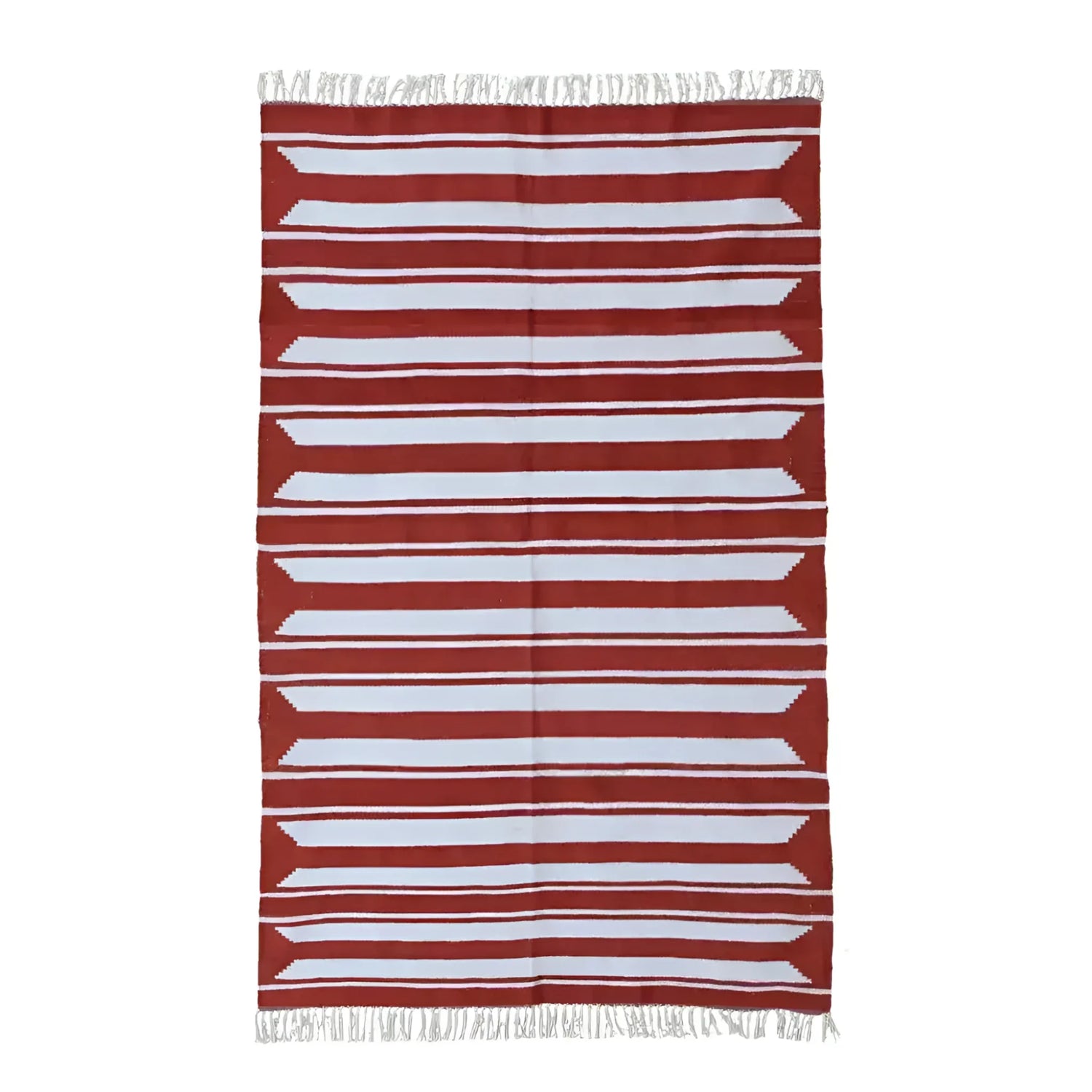 A handwoven red and white accent stripe cotton area rug with fringes, perfect for adding a boho touch to living rooms and dining rooms. This large area rug features bold horizontal stripes, making it an ideal dining table rug for a cozy, stylish atmosphere.