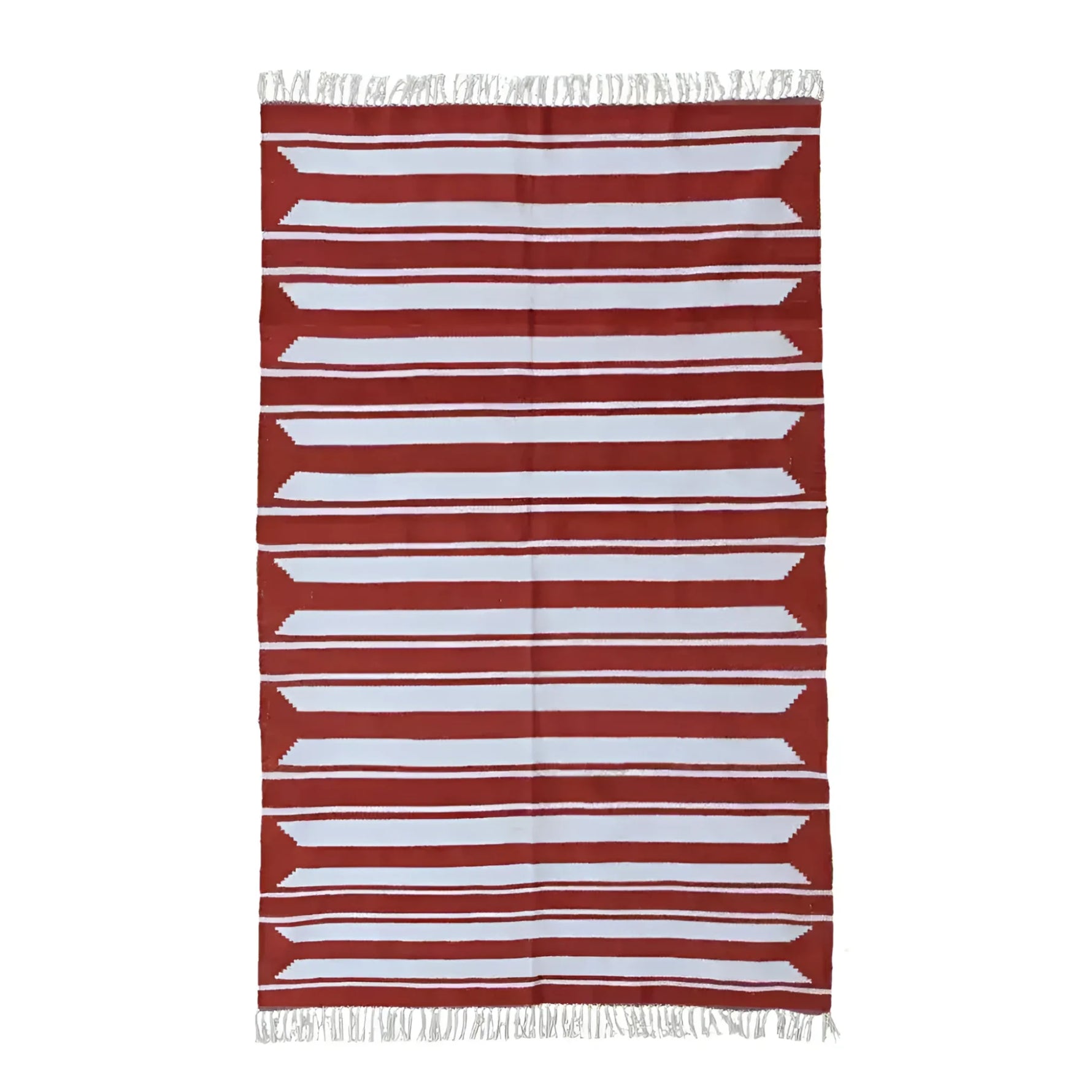 A handwoven red and white accent stripe cotton area rug with fringes, perfect for adding a boho touch to living rooms and dining rooms. This large area rug features bold horizontal stripes, making it an ideal dining table rug for a cozy, stylish atmosphere.