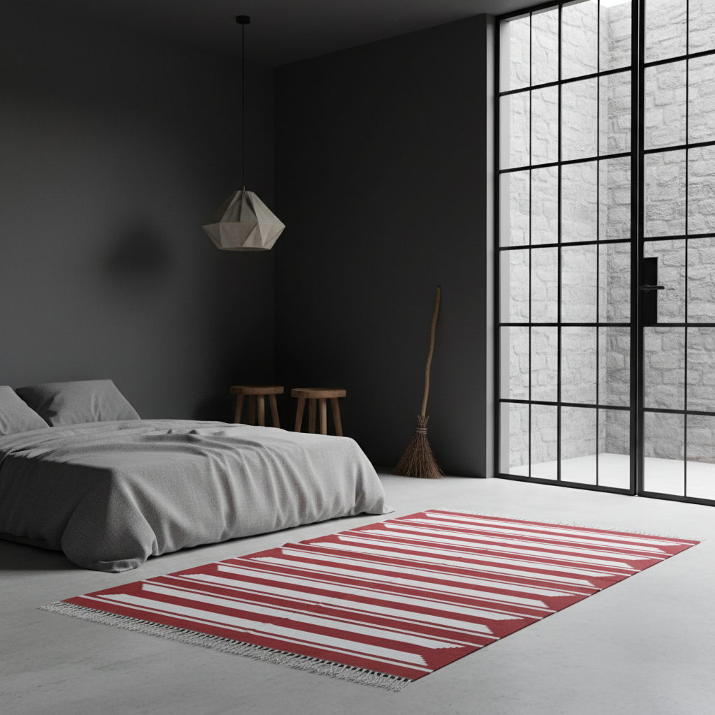 Alfombra de Algodón Tejida a Mano con Rayas Decorativas Rojas y Blancas y Flecos