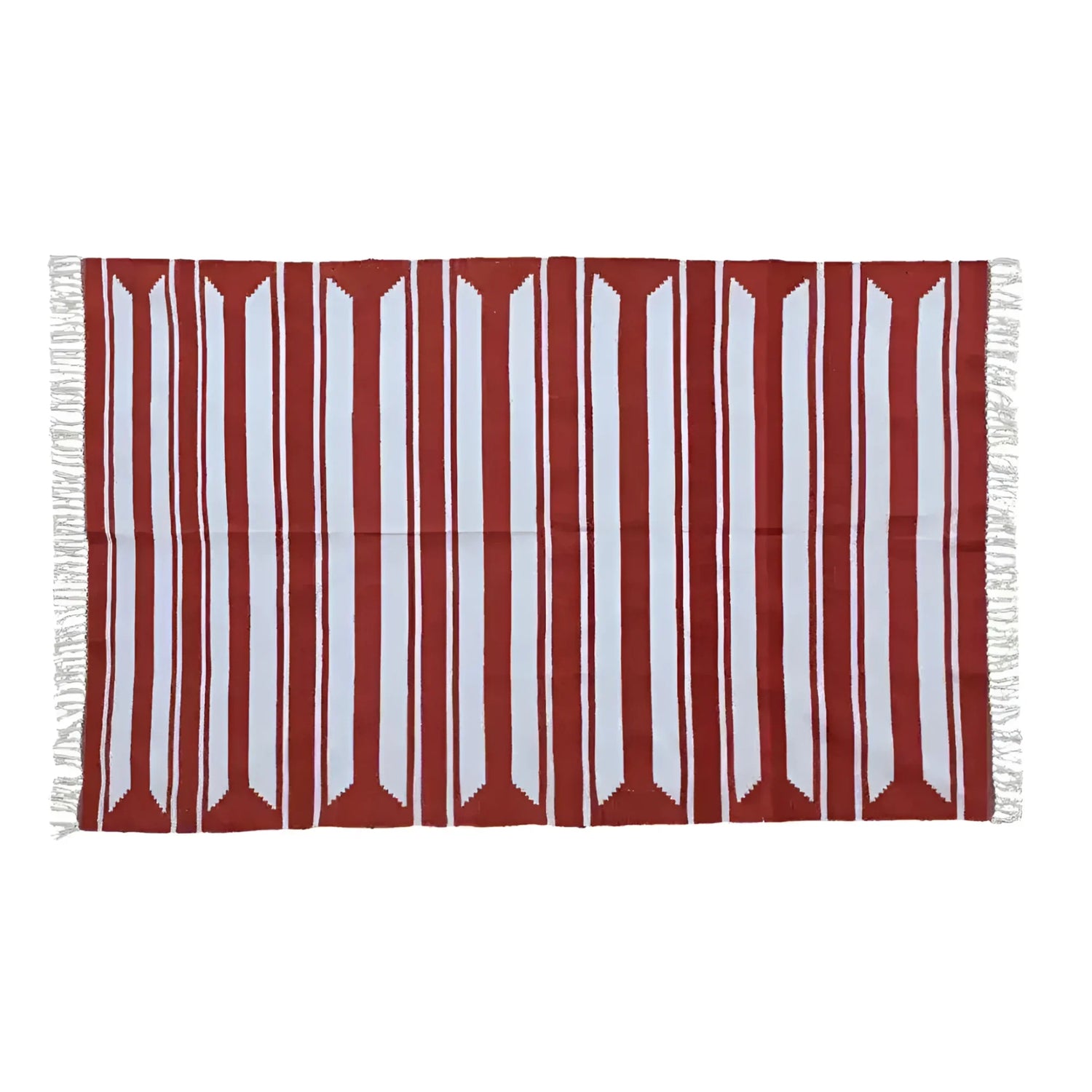 A handwoven red and white cotton area rug with accent stripes, perfect for enhancing living room and dining room spaces. This large boho rug features fringed edges, adding a stylish touch under a dining table.