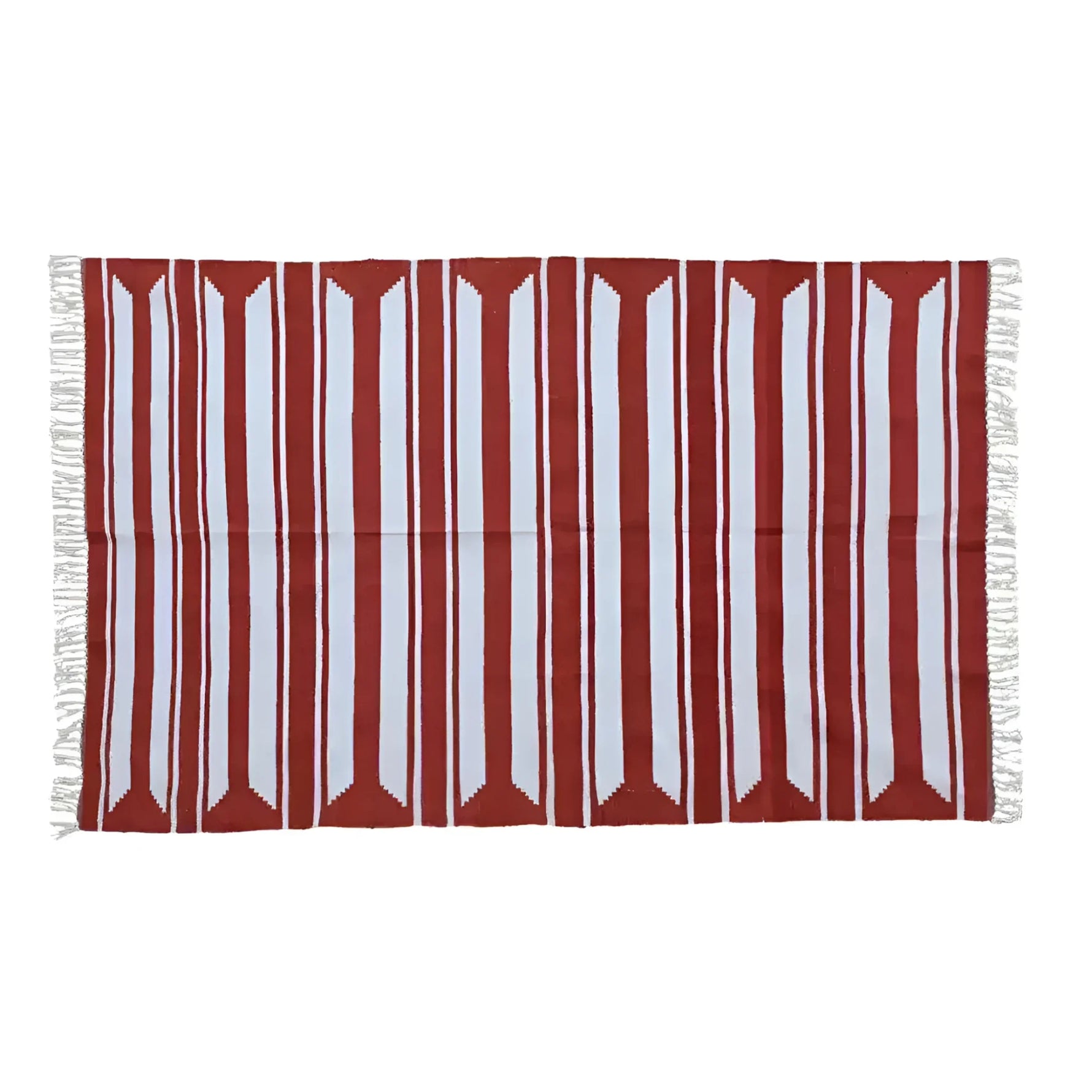 A handwoven red and white cotton area rug with accent stripes, perfect for enhancing living room and dining room spaces. This large boho rug features fringed edges, adding a stylish touch under a dining table.