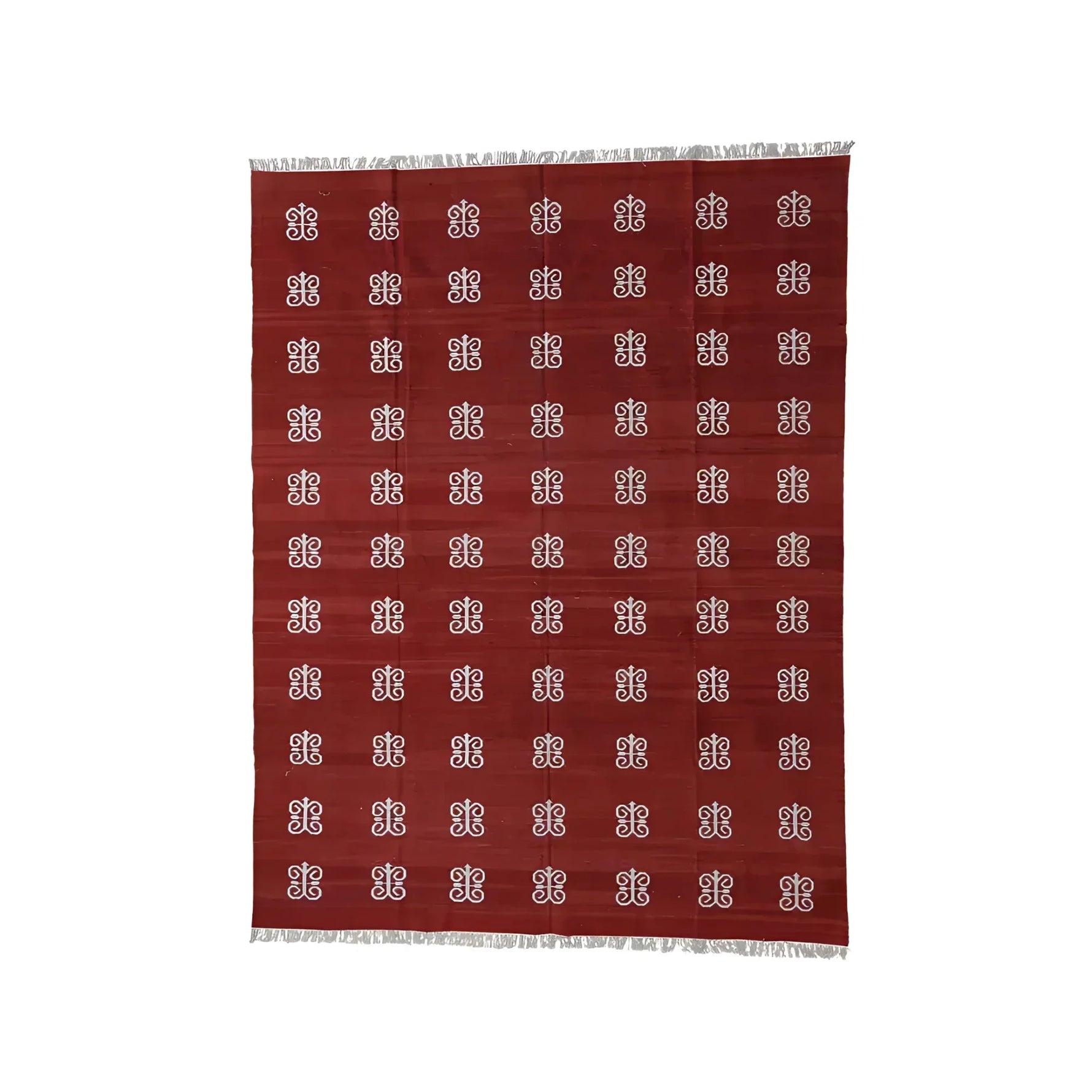 Handwoven Red and White Butterfly Inspired Cotton Rug with Fringes