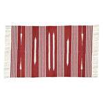 A beautifully handwoven red and white patterned cotton area rug with fringes, perfect for adding a boho touch to your dining room or bedroom. This versatile piece is ideal for dining room area rugs or bedroom area rugs, offering a cozy and stylish accent to any space.
