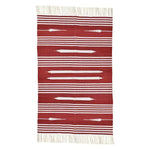 This handwoven red and white patterned cotton area rug features intricate designs and soft fringes, perfect for adding a boho touch to your dining room or bedroom. Ideal as a dining room area rug or a cozy bedroom area rug, it's crafted from high-quality cotton.